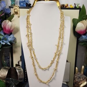Elegant Gold Tone Glass Seed Bead Necklace with Crystal Accents